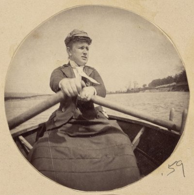 Woman in Hat Rowing a Boat by Unbekannt Unbekannt